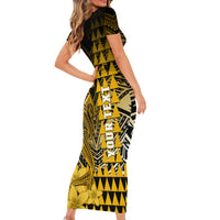 Personalized Hawaii Short Sleeve Bodycon Dress Hammerhead Shark Kakau Polynesian Tribal Gold LT05 - Polynesian Pride
