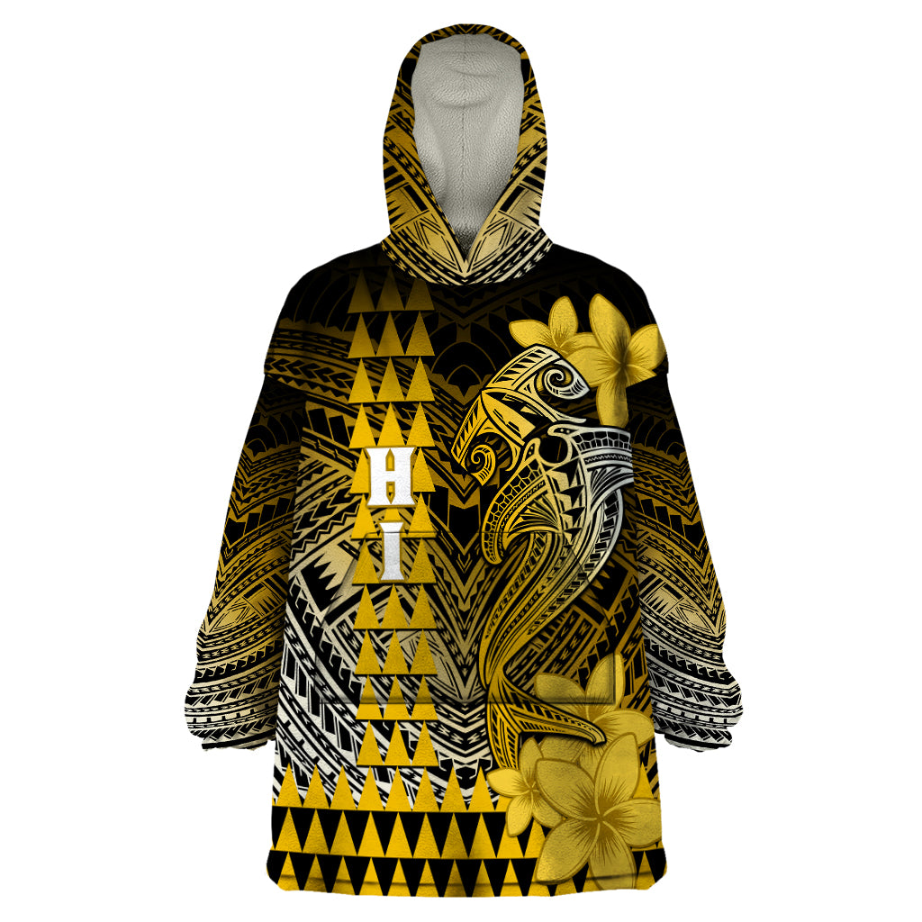 Personalized Hawaii Wearable Blanket Hoodie Hammerhead Shark Kakau Polynesian Tribal Gold LT05 One Size Gold - Polynesian Pride