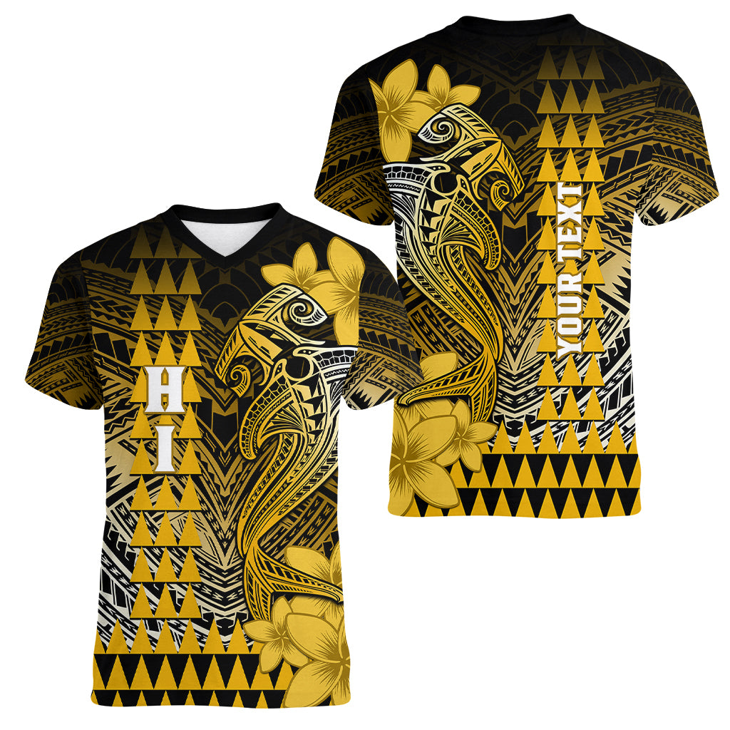 Personalized Hawaii Women V Neck T Shirt Hammerhead Shark Kakau Polynesian Tribal Gold LT05 - Polynesian Pride