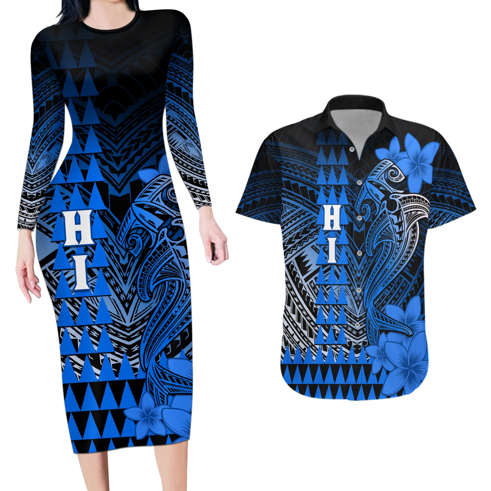 Personalized Hawaii Couples Matching Long Sleeve Bodycon Dress and Hawaiian Shirt Hammerhead Shark Kakau Polynesian Tribal Blue LT05 Blue - Polynesian Pride