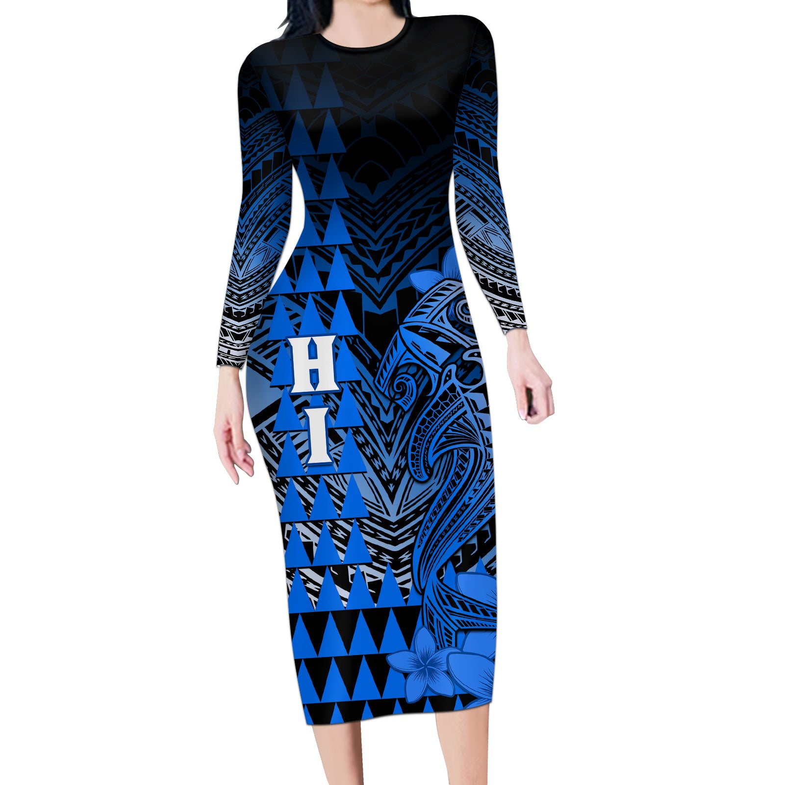 Personalized Hawaii Long Sleeve Bodycon Dress Hammerhead Shark Kakau Polynesian Tribal Blue LT05 Long Dress Blue - Polynesian Pride