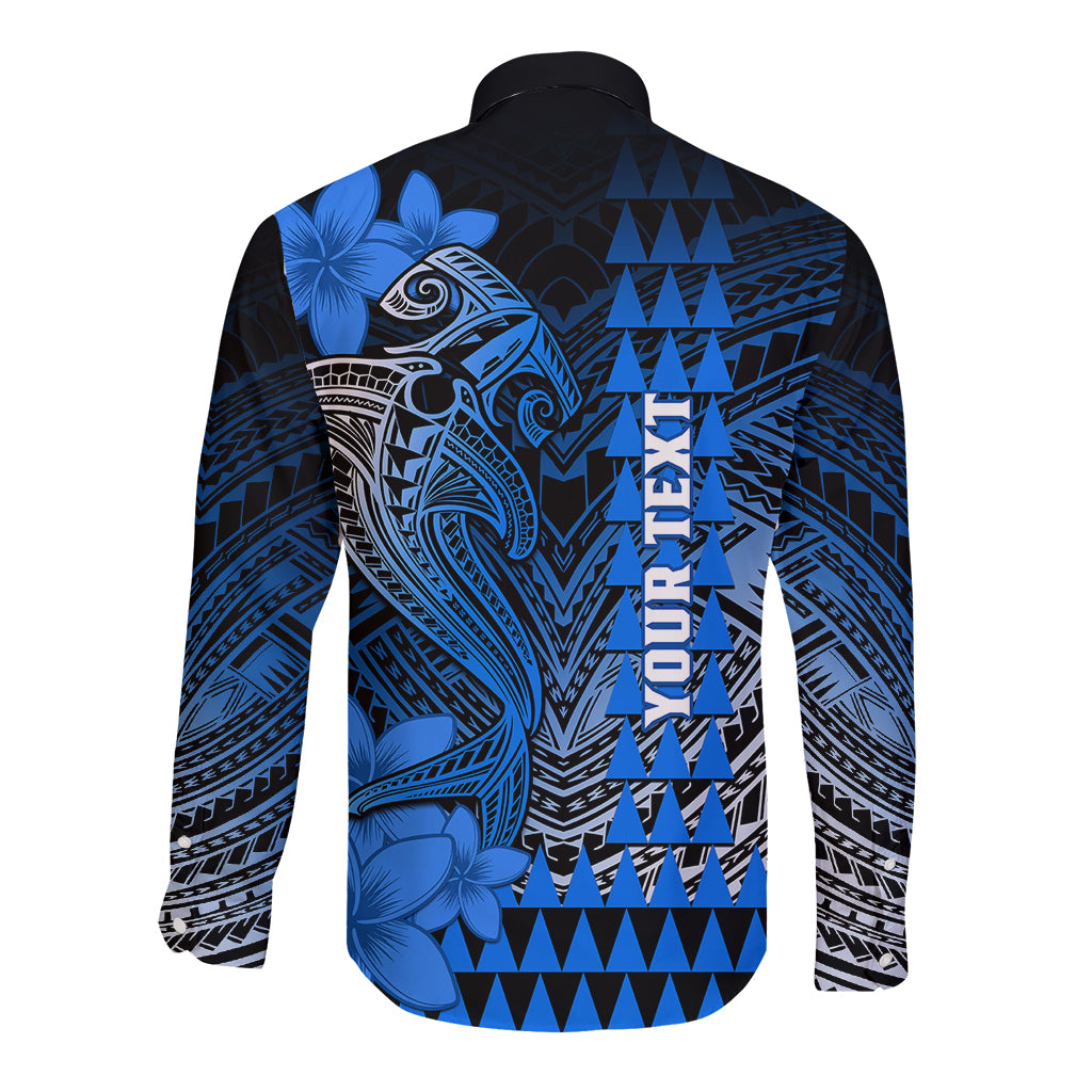 Personalized Hawaii Long Sleeve Button Shirt Hammerhead Shark Kakau Polynesian Tribal Blue LT05 - Polynesian Pride