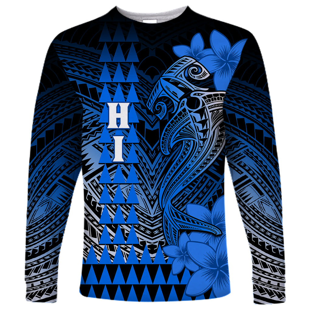 Personalized Hawaii Long Sleeve Shirt Hammerhead Shark Kakau Polynesian Tribal Blue LT05 Unisex Blue - Polynesian Pride