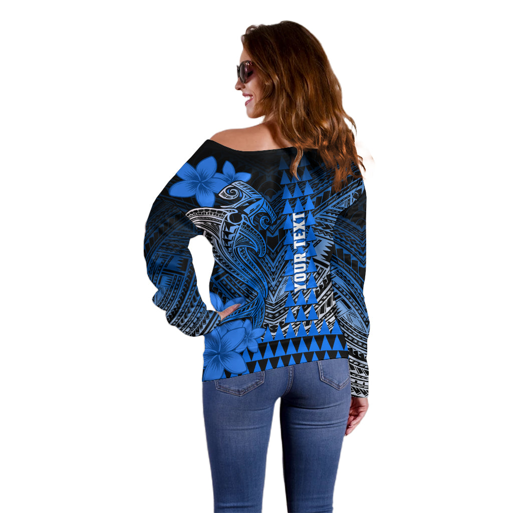Personalized Hawaii Off Shoulder Sweater Hammerhead Shark Kakau Polynesian Tribal Blue LT05 - Polynesian Pride