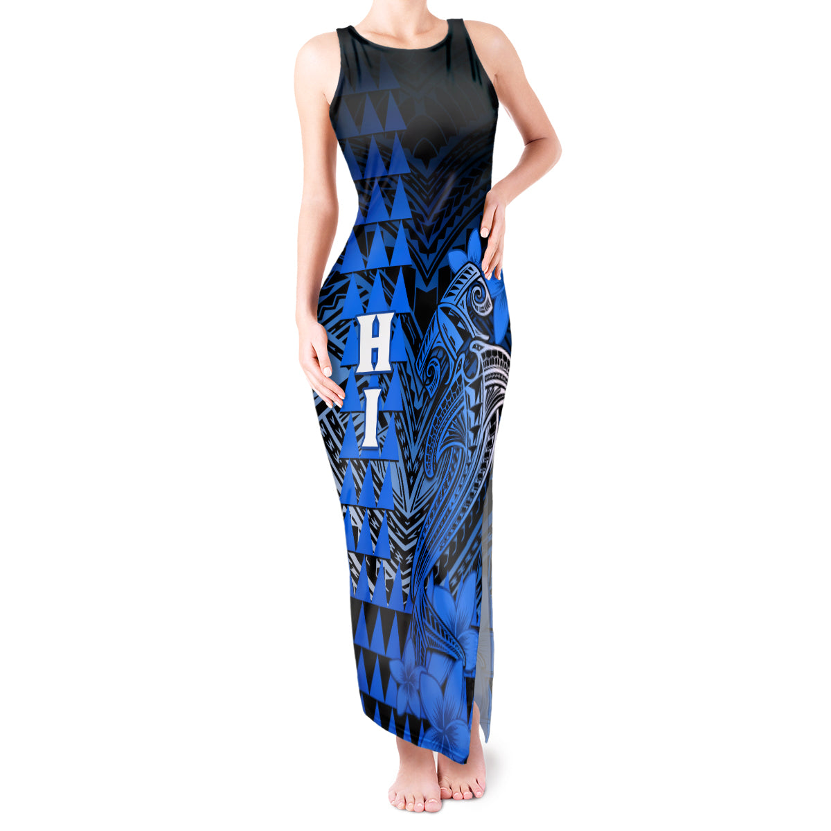 Personalized Hawaii Tank Maxi Dress Hammerhead Shark Kakau Polynesian Tribal Blue LT05 Women Blue - Polynesian Pride