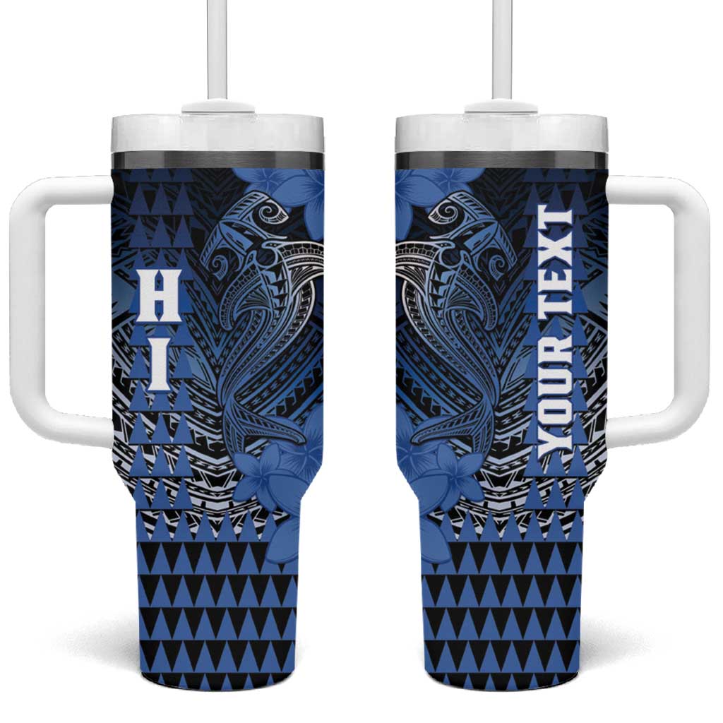 Personalized Hawaii Tumbler With Handle Hammerhead Shark Kakau Polynesian Tribal Blue