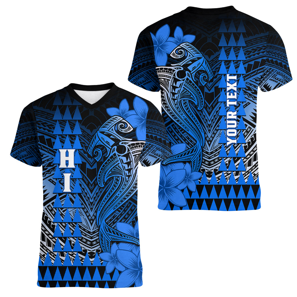 Personalized Hawaii Women V Neck T Shirt Hammerhead Shark Kakau Polynesian Tribal Blue LT05 - Polynesian Pride