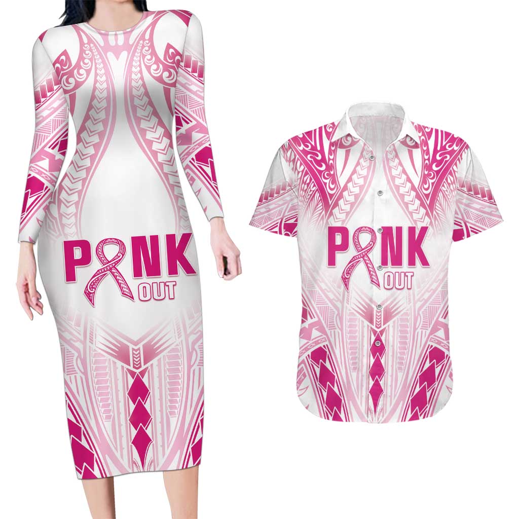 Breast Cancer Pink Out Couples Matching Long Sleeve Bodycon Dress and Hawaiian Shirt Polynesian Art Tattoo White Version LT05 White - Polynesian Pride