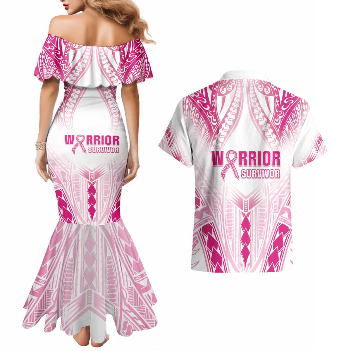 Breast Cancer Pink Out Couples Matching Mermaid Dress and Hawaiian Shirt Polynesian Art Tattoo White Version