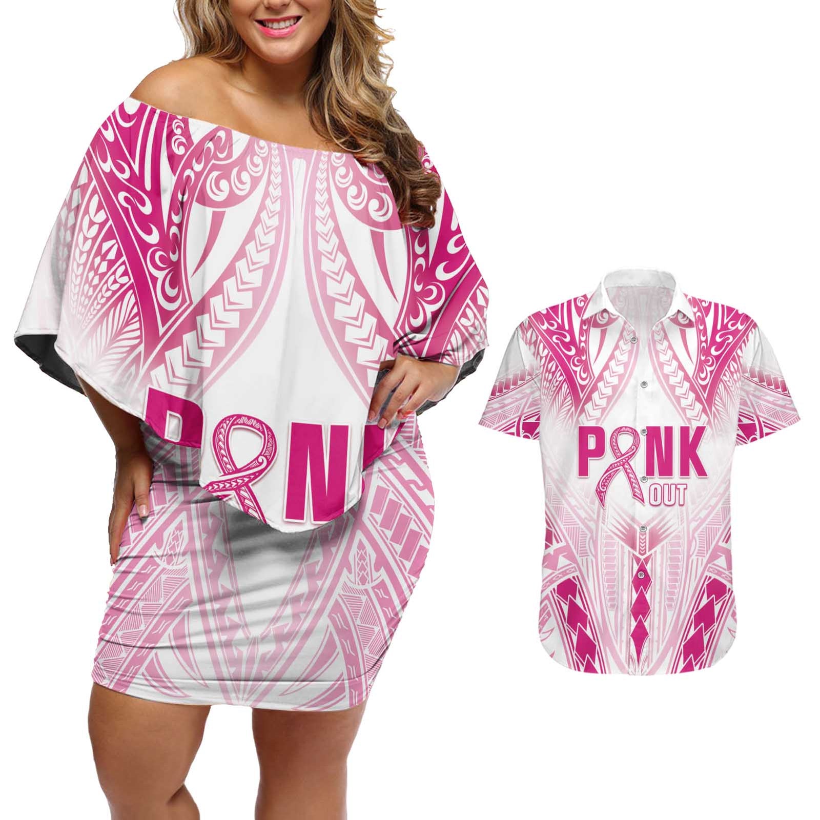 Breast Cancer Pink Out Couples Matching Off Shoulder Short Dress and Hawaiian Shirt Polynesian Art Tattoo White Version LT05 White - Polynesian Pride