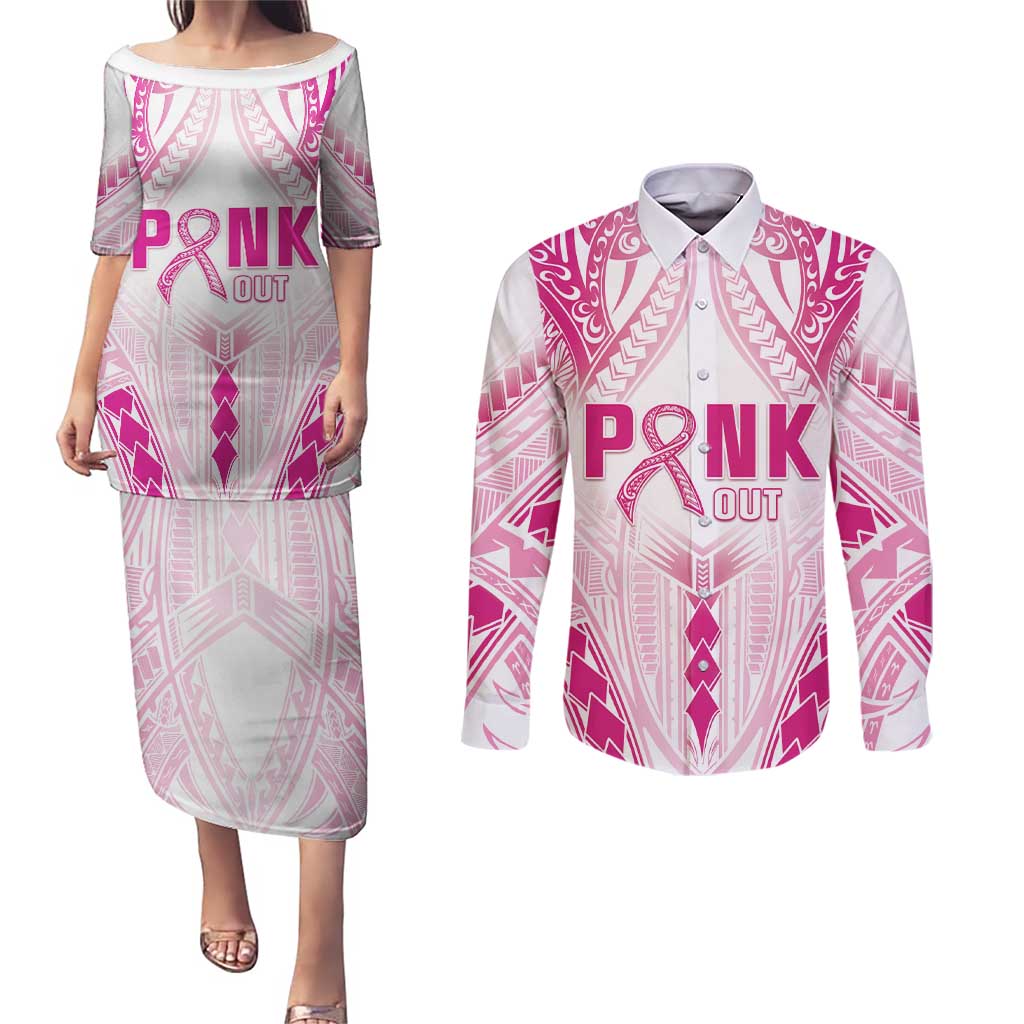 Breast Cancer Pink Out Couples Matching Puletasi and Long Sleeve Button Shirt Polynesian Art Tattoo White Version LT05 White - Polynesian Pride