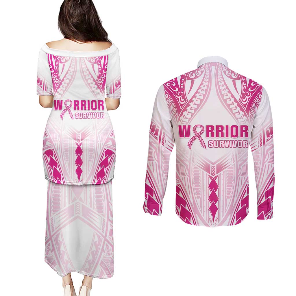 Breast Cancer Pink Out Couples Matching Puletasi and Long Sleeve Button Shirt Polynesian Art Tattoo White Version LT05 - Polynesian Pride