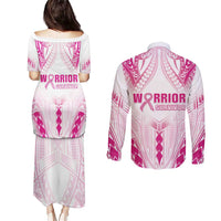 Breast Cancer Pink Out Couples Matching Puletasi and Long Sleeve Button Shirt Polynesian Art Tattoo White Version LT05 - Polynesian Pride