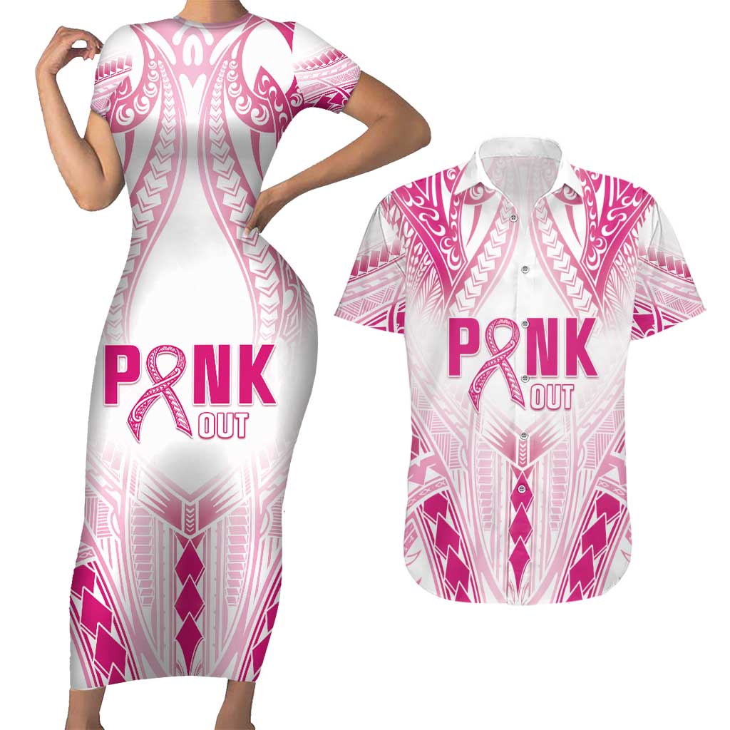 Breast Cancer Pink Out Couples Matching Short Sleeve Bodycon Dress and Hawaiian Shirt Polynesian Art Tattoo White Version LT05 White - Polynesian Pride