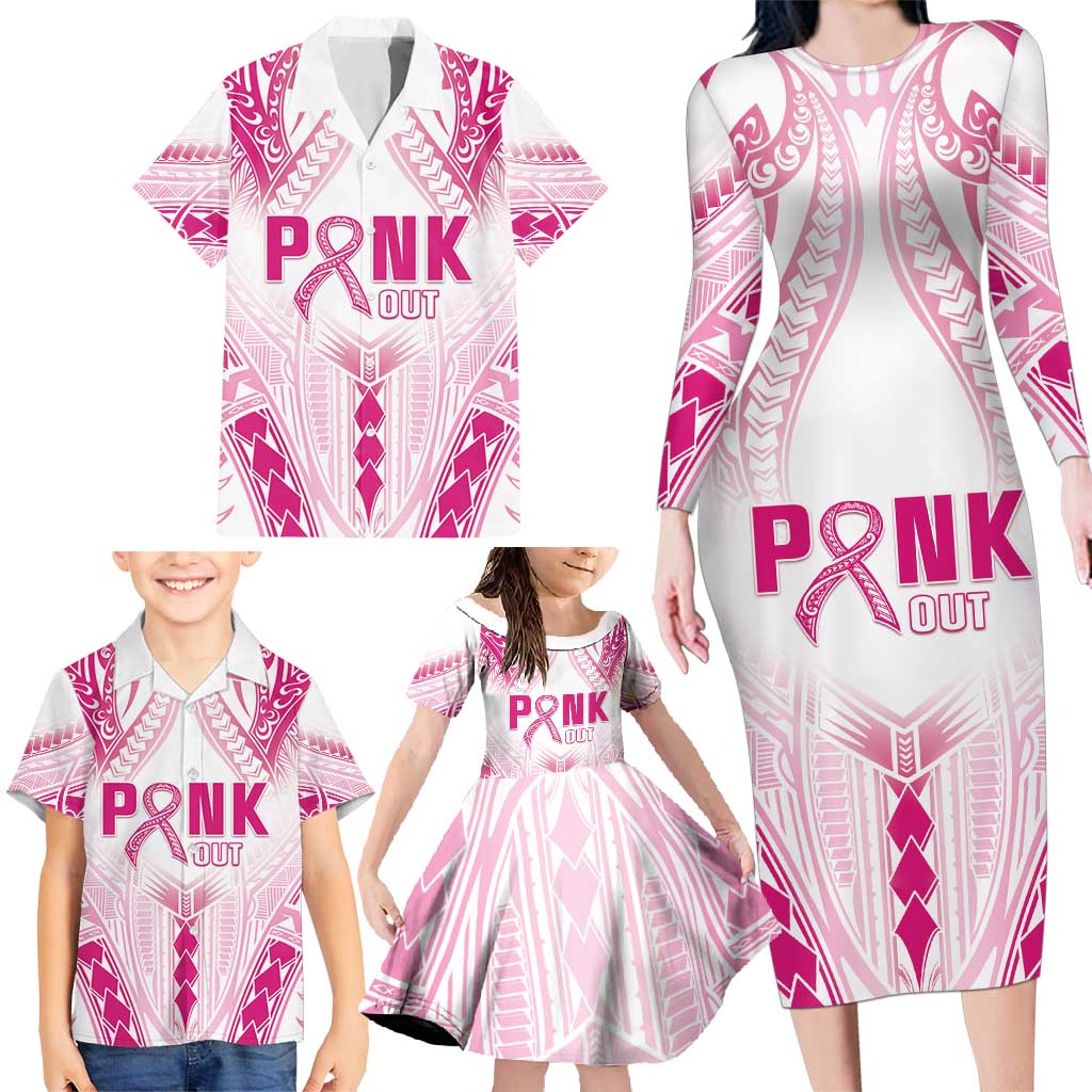 Breast Cancer Pink Out Family Matching Long Sleeve Bodycon Dress and Hawaiian Shirt Polynesian Art Tattoo White Version