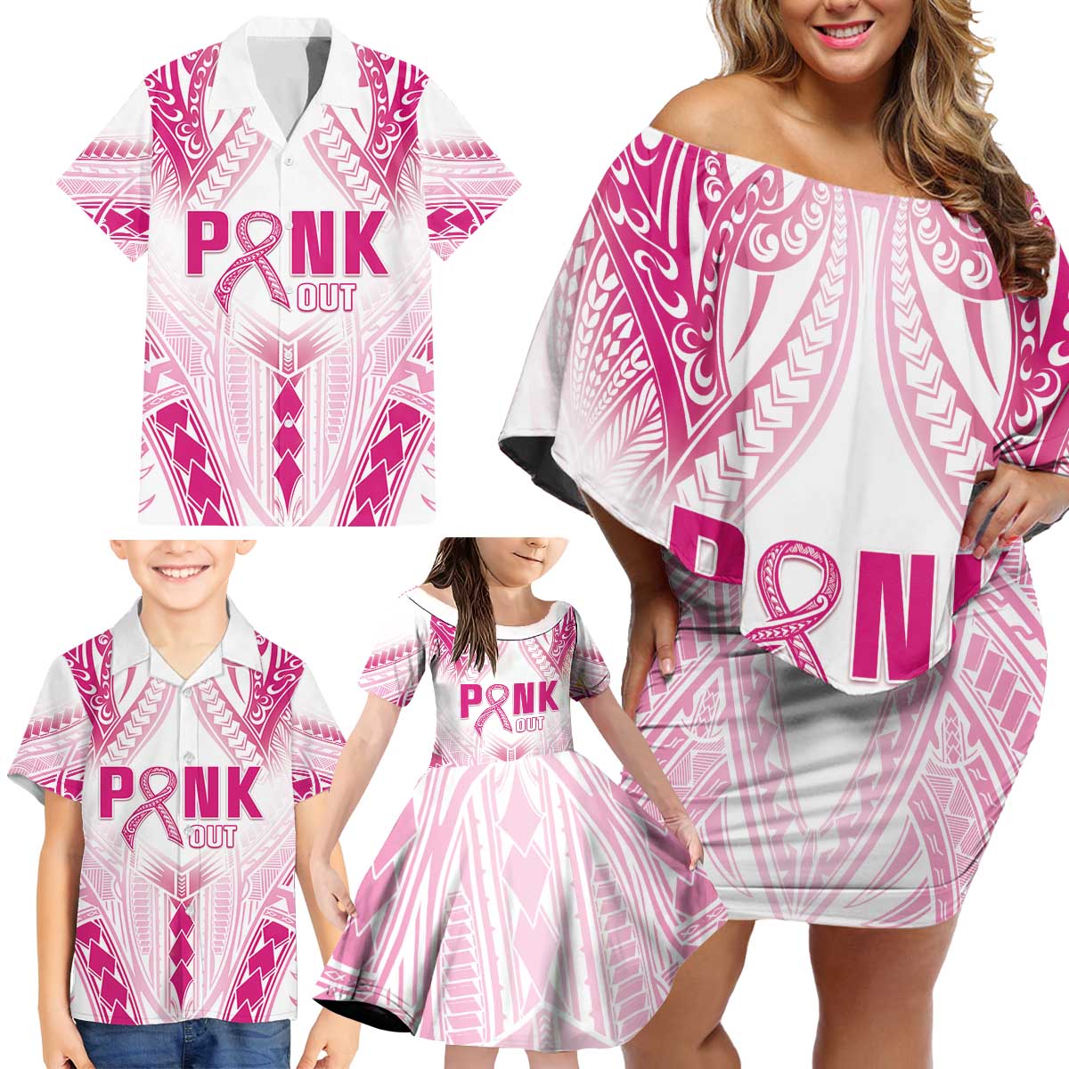 Breast Cancer Pink Out Family Matching Off Shoulder Short Dress and Hawaiian Shirt Polynesian Art Tattoo White Version LT05 - Polynesian Pride