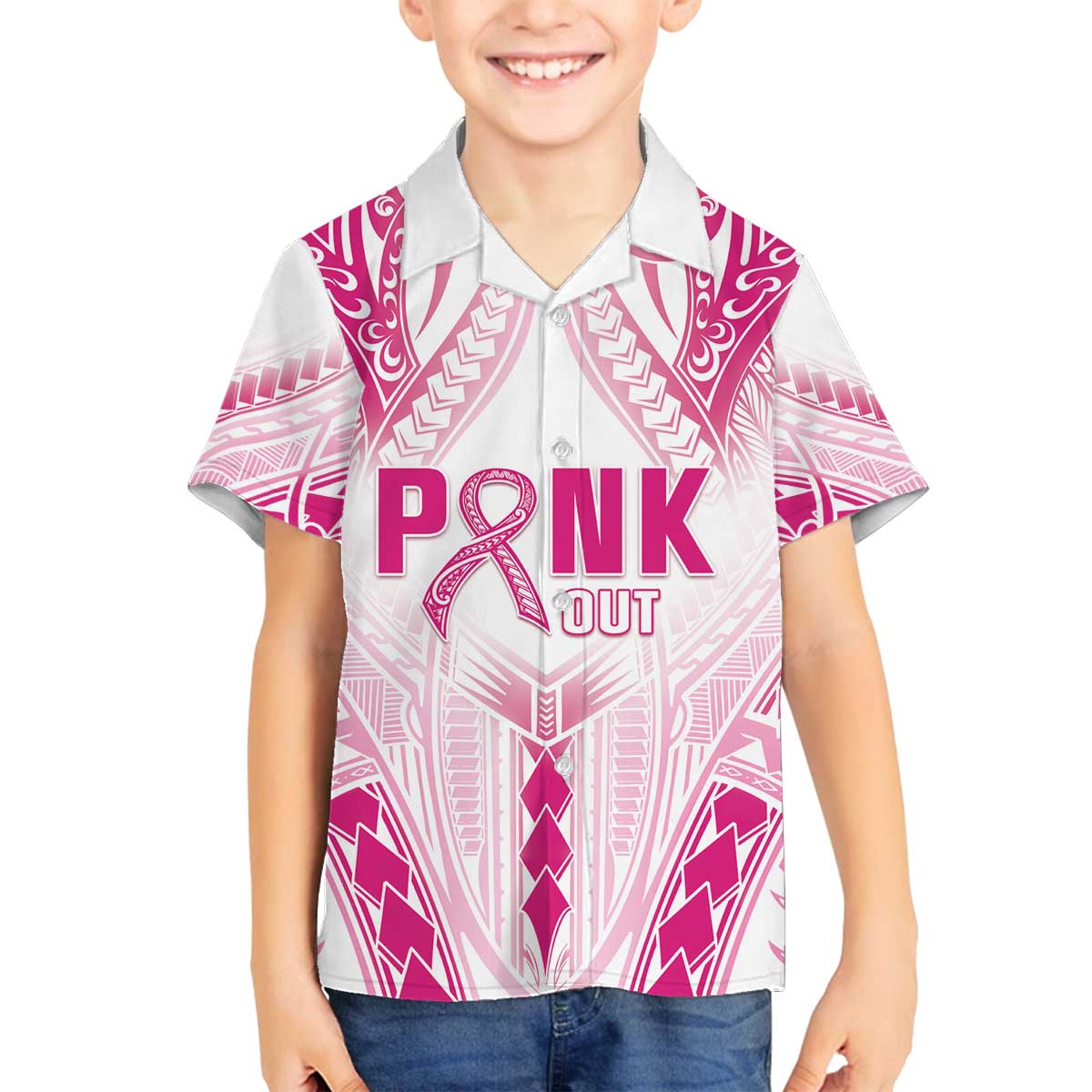 Breast Cancer Pink Out Family Matching Off Shoulder Short Dress and Hawaiian Shirt Polynesian Art Tattoo White Version