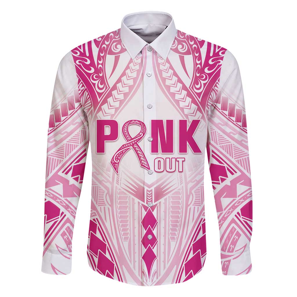 Breast Cancer Pink Out Family Matching Summer Maxi Dress and Hawaiian Shirt Polynesian Art Tattoo White Version LT05 Dad's Shirt - Long Sleeve White - Polynesian Pride