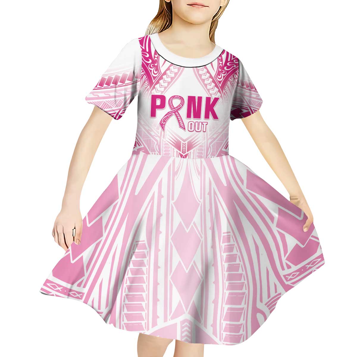 Breast Cancer Pink Out Kid Short Sleeve Dress Polynesian Art Tattoo White Version