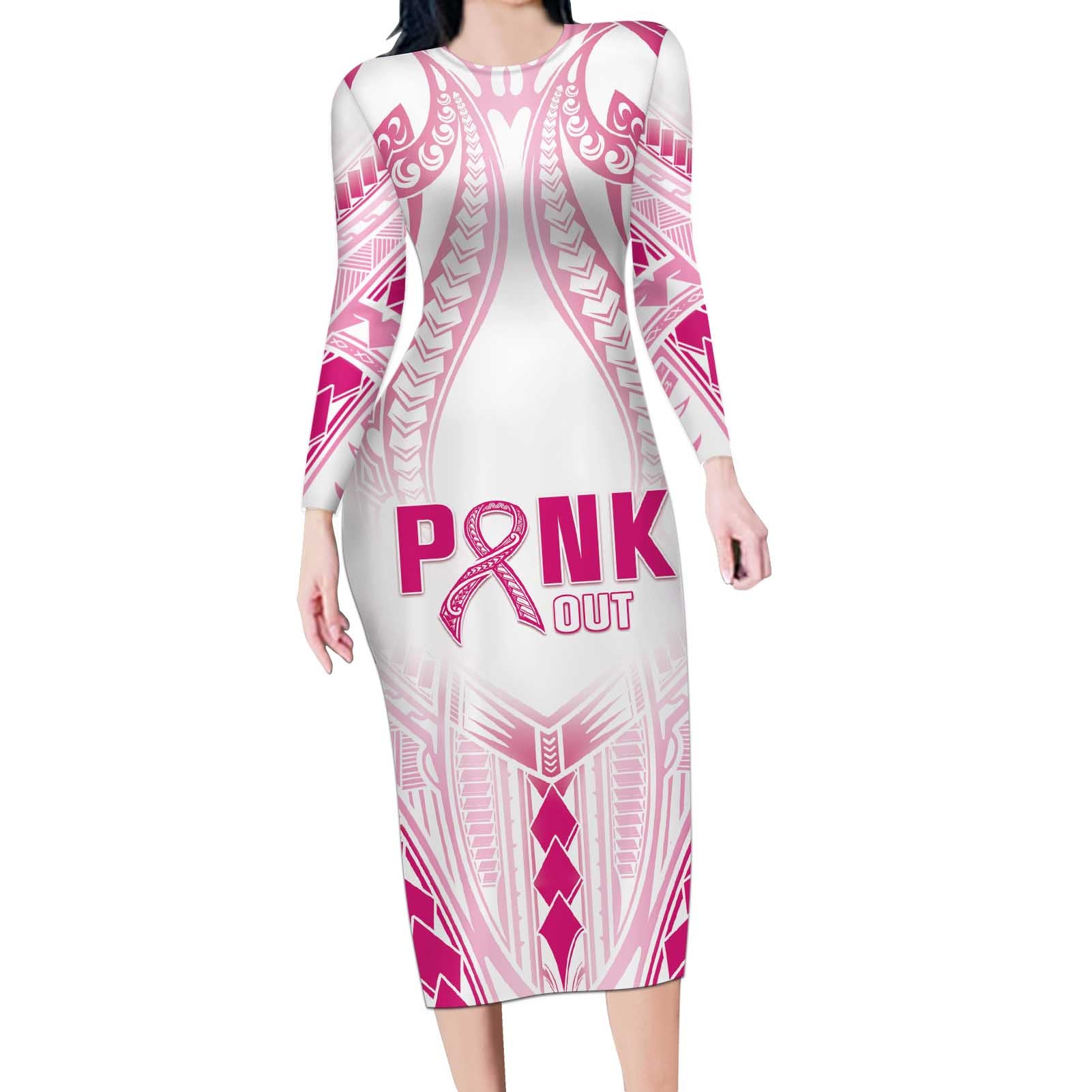 Breast Cancer Pink Out Long Sleeve Bodycon Dress Polynesian Art Tattoo White Version