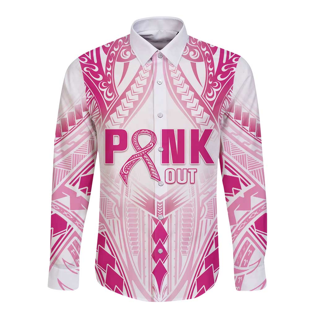 Breast Cancer Pink Out Long Sleeve Button Shirt Polynesian Art Tattoo White Version