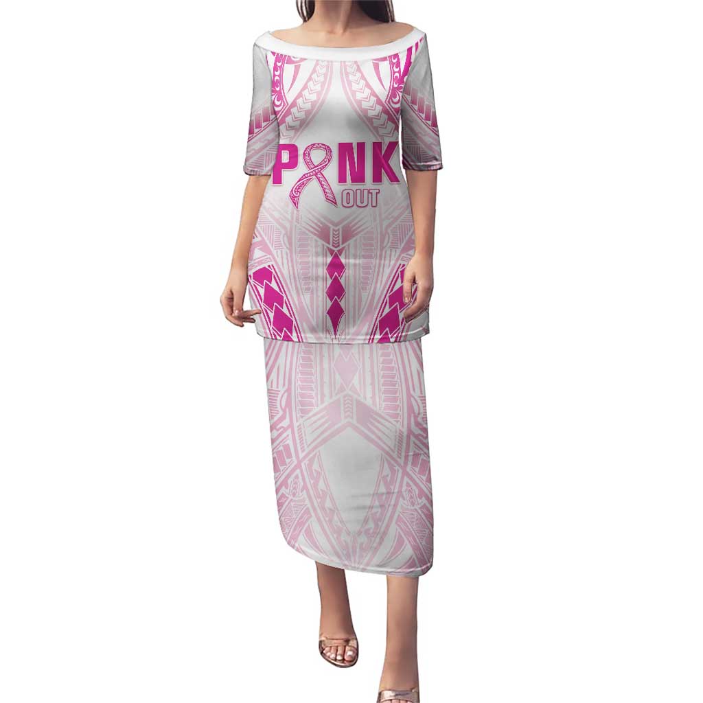 Breast Cancer Pink Out Puletasi Polynesian Art Tattoo White Version LT05 Long Dress White - Polynesian Pride