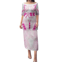 Breast Cancer Pink Out Puletasi Polynesian Art Tattoo White Version LT05 Long Dress White - Polynesian Pride