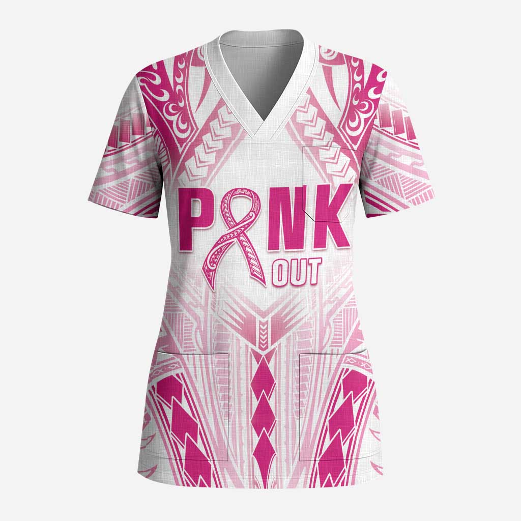 Breast Cancer Pink Out Scrub Top Polynesian Art Tattoo White Version LT05 Adult White - Polynesian Pride