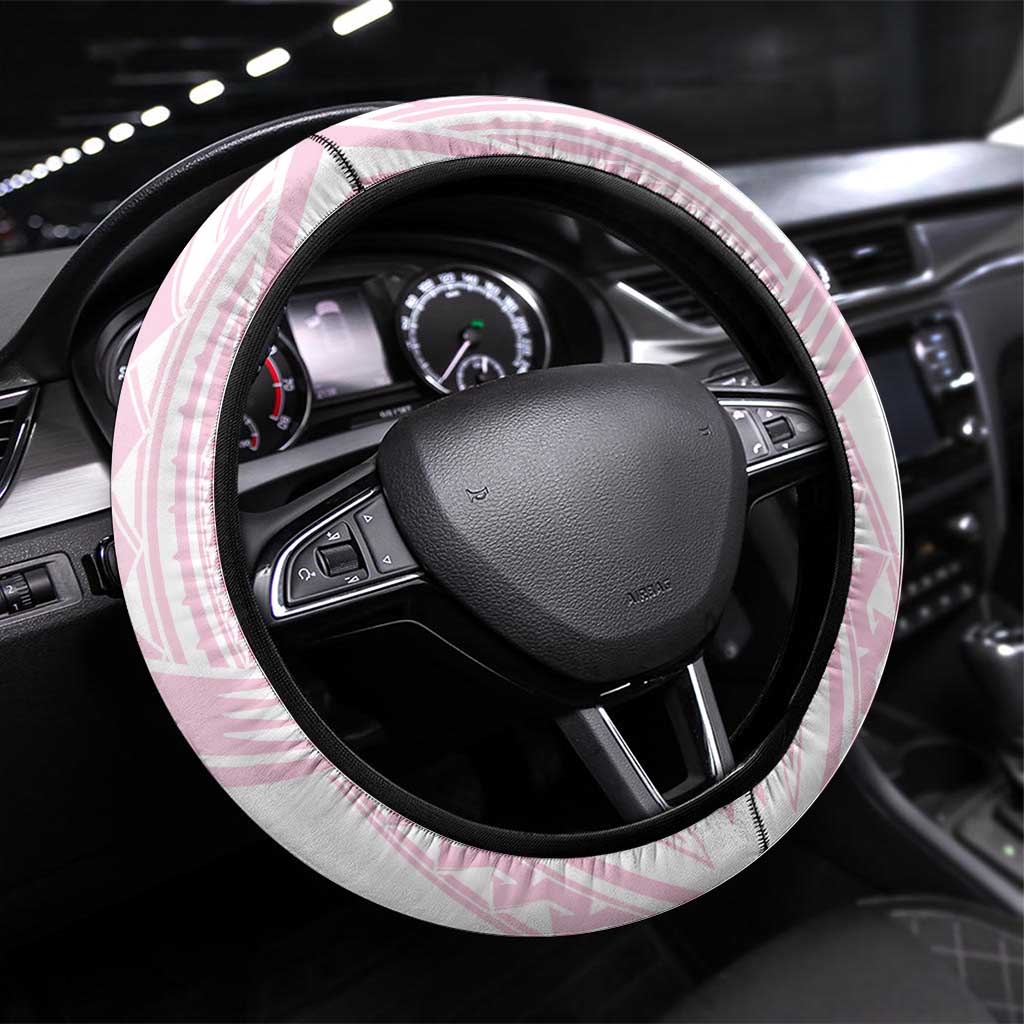 Breast Cancer Pink Out Steering Wheel Cover Polynesian Art Tattoo White Version LT05 Universal Fit White - Polynesian Pride