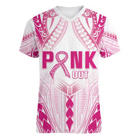 Breast Cancer Pink Out Women V-Neck T-Shirt Polynesian Art Tattoo White Version LT05 Female White - Polynesian Pride