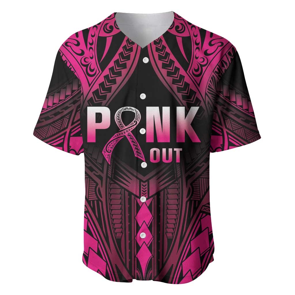 Breast Cancer Pink Out Baseball Jersey Polynesian Art Tattoo Black Version