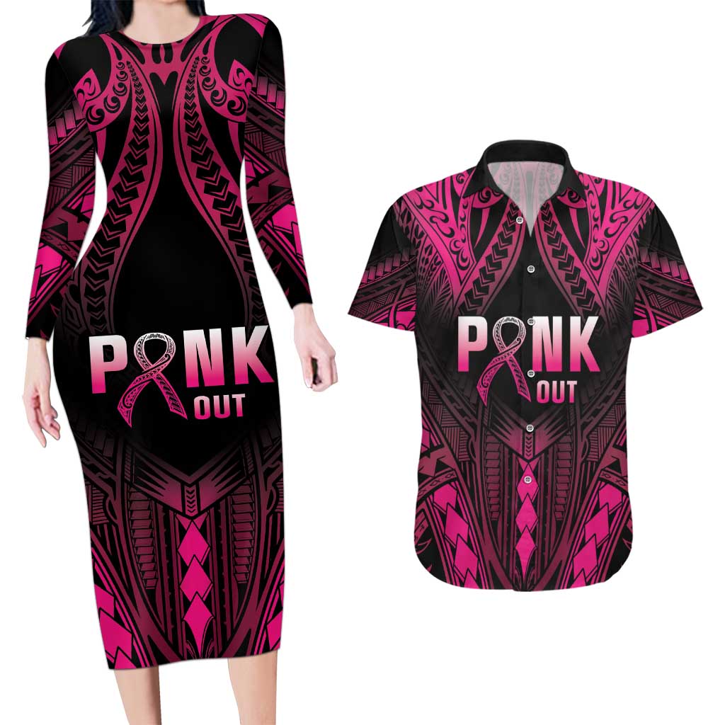 Breast Cancer Pink Out Couples Matching Long Sleeve Bodycon Dress and Hawaiian Shirt Polynesian Art Tattoo Black Version