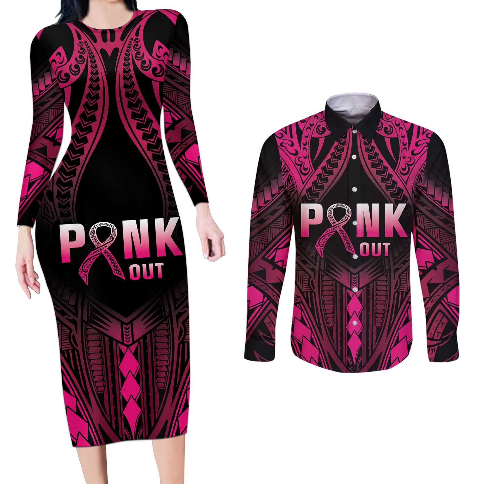 Breast Cancer Pink Out Couples Matching Long Sleeve Bodycon Dress and Long Sleeve Button Shirt Polynesian Art Tattoo Black Version LT05 Black - Polynesian Pride