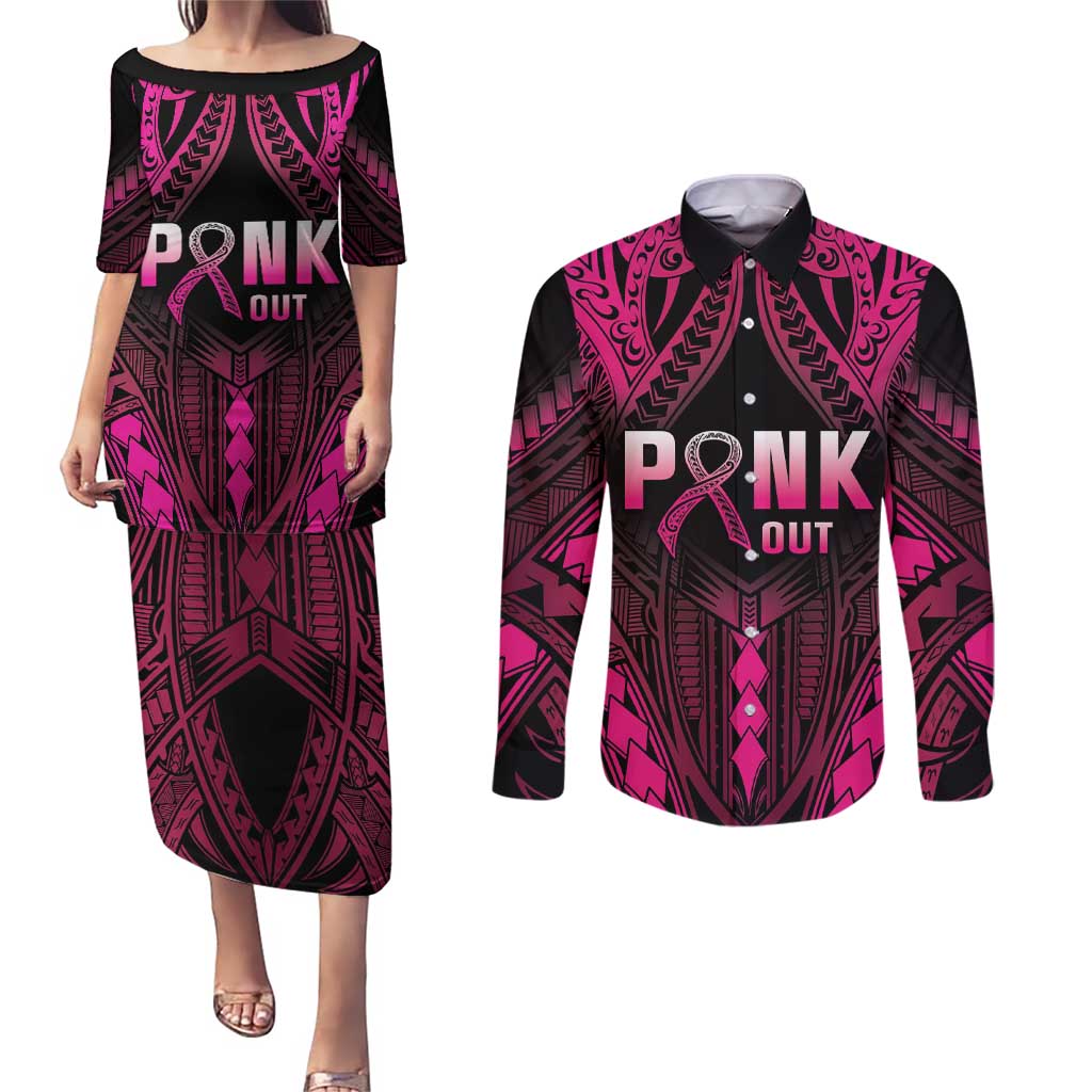 Breast Cancer Pink Out Couples Matching Puletasi and Long Sleeve Button Shirt Polynesian Art Tattoo Black Version LT05 Black - Polynesian Pride