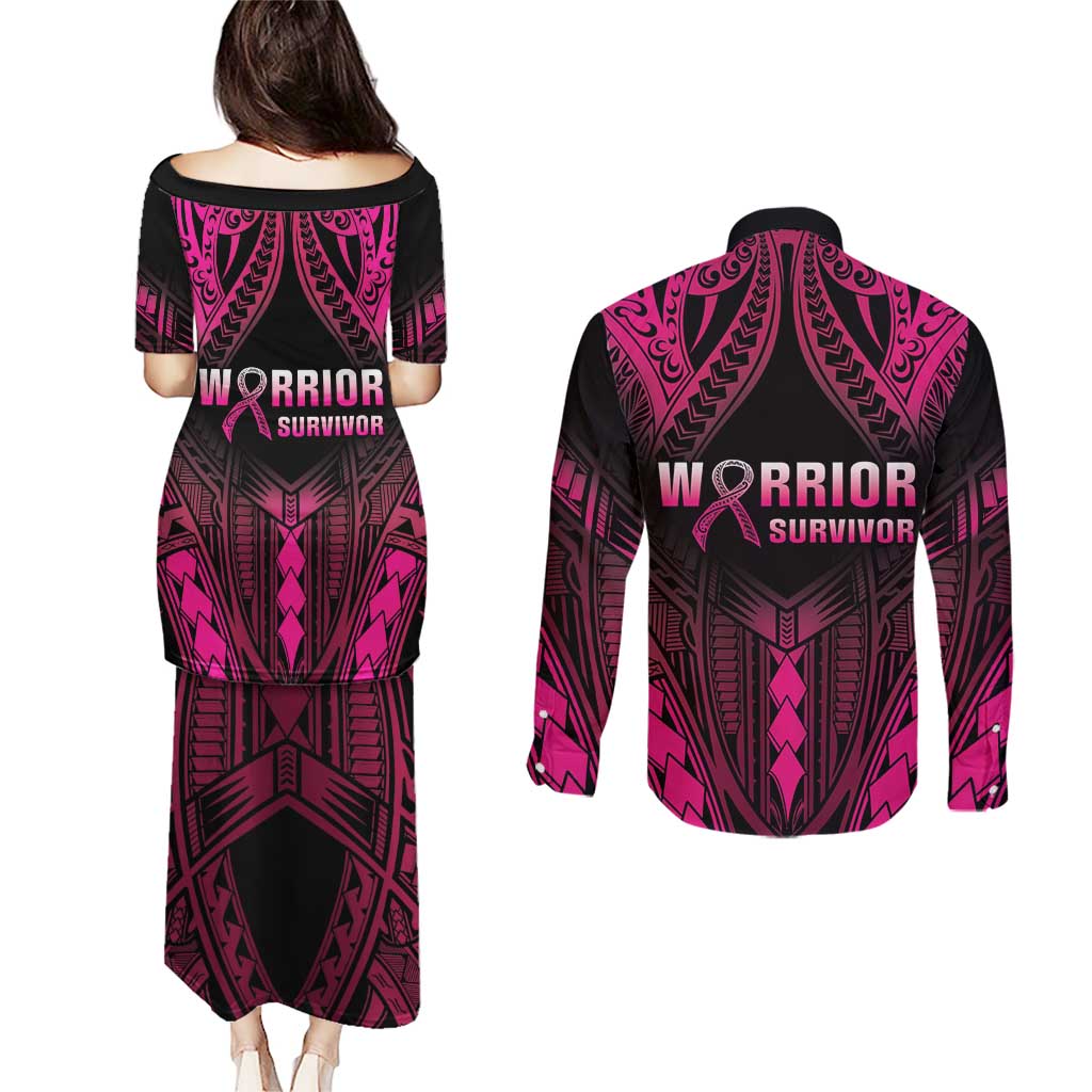 Breast Cancer Pink Out Couples Matching Puletasi and Long Sleeve Button Shirt Polynesian Art Tattoo Black Version LT05 - Polynesian Pride