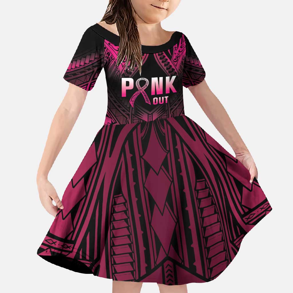 Breast Cancer Pink Out Family Matching Long Sleeve Bodycon Dress and Hawaiian Shirt Polynesian Art Tattoo Black Version LT05 Daughter's Dress Black - Polynesian Pride