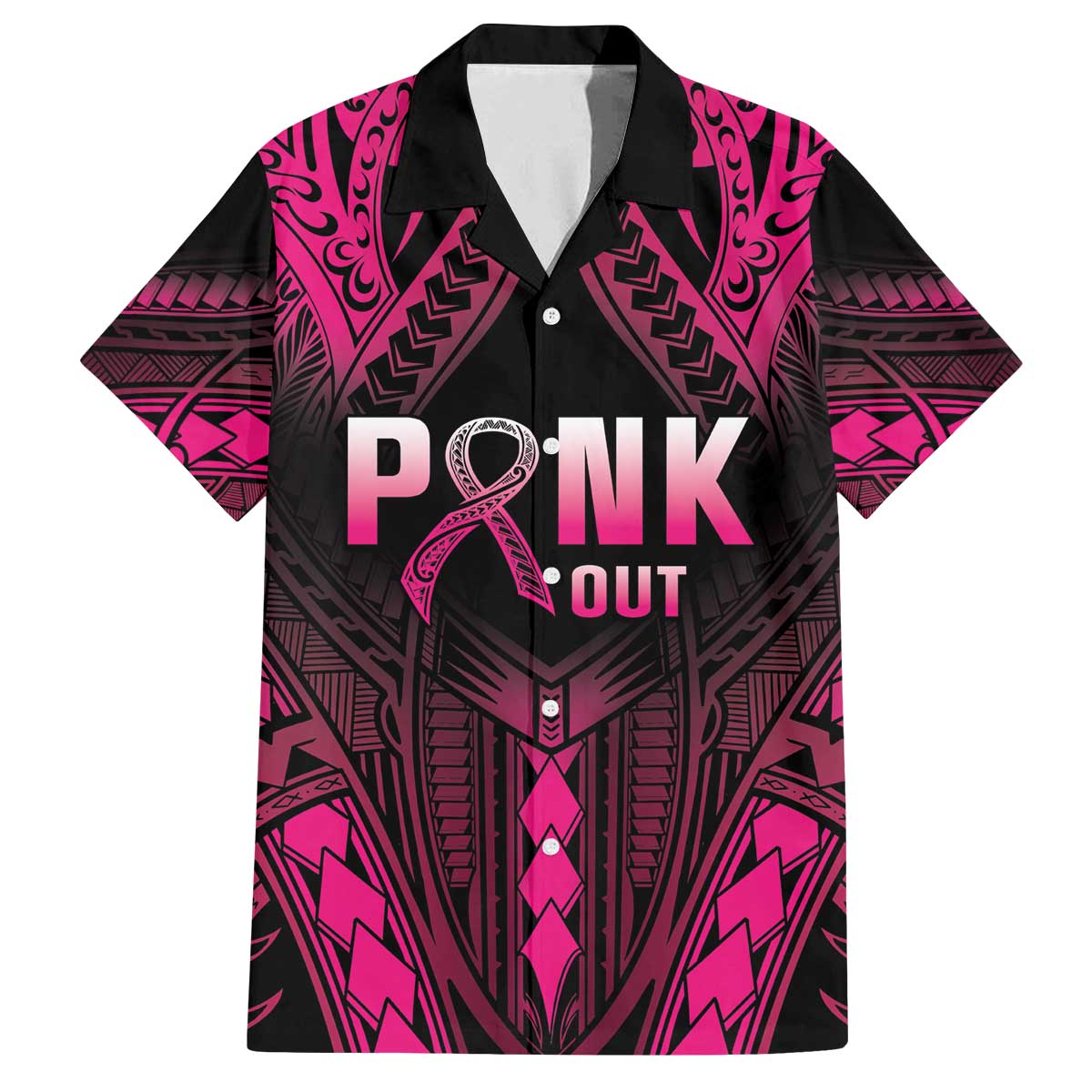 Breast Cancer Pink Out Family Matching Off The Shoulder Long Sleeve Dress and Hawaiian Shirt Polynesian Art Tattoo Black Version