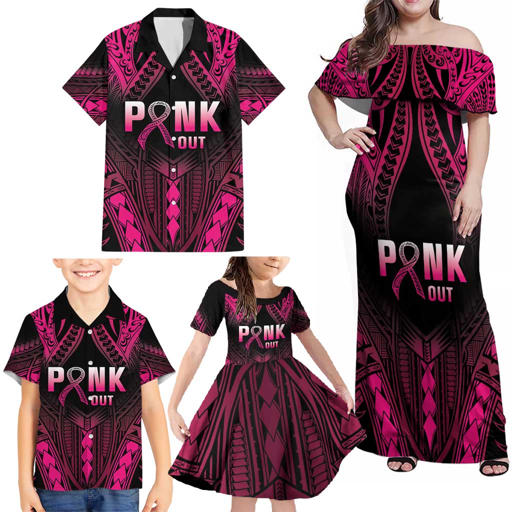 Breast Cancer Pink Out Family Matching Off Shoulder Maxi Dress and Hawaiian Shirt Polynesian Art Tattoo Black Version LT05 - Polynesian Pride