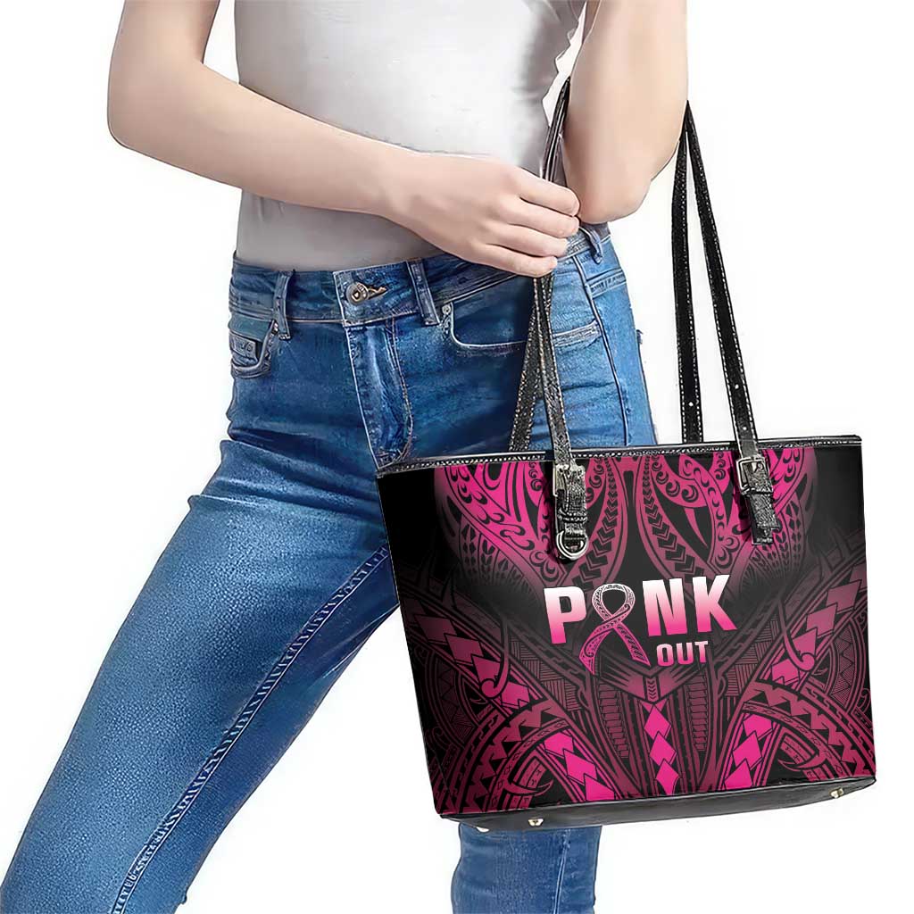 Breast Cancer Pink Out Leather Tote Bag Polynesian Art Tattoo Black Version