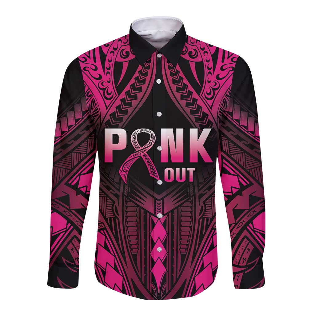 Breast Cancer Pink Out Long Sleeve Button Shirt Polynesian Art Tattoo Black Version