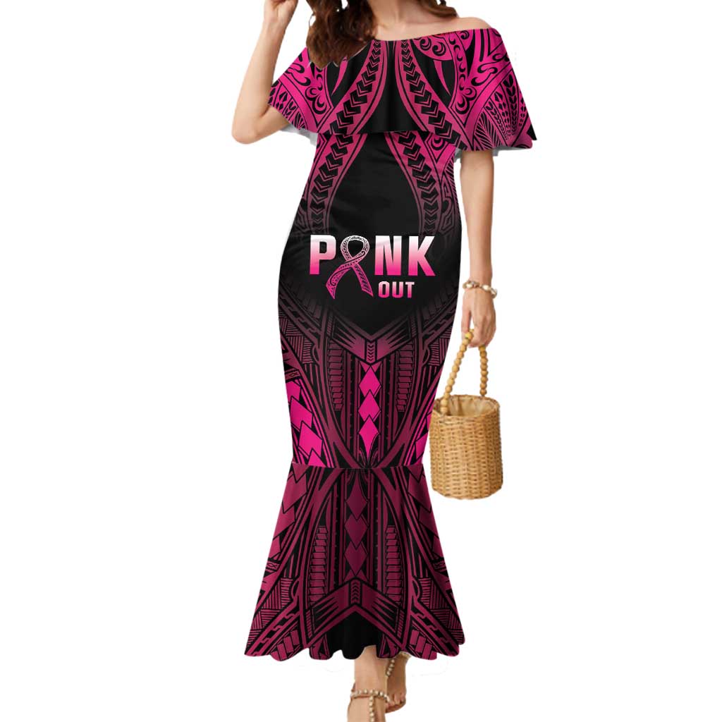 Breast Cancer Pink Out Mermaid Dress Polynesian Art Tattoo Black Version