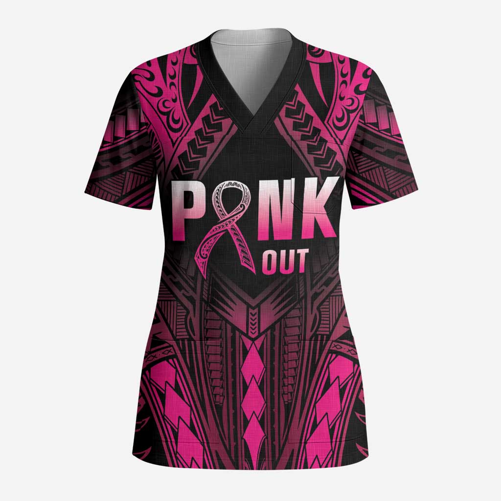 Breast Cancer Pink Out Scrub Top Polynesian Art Tattoo Black Version LT05 Adult Black - Polynesian Pride