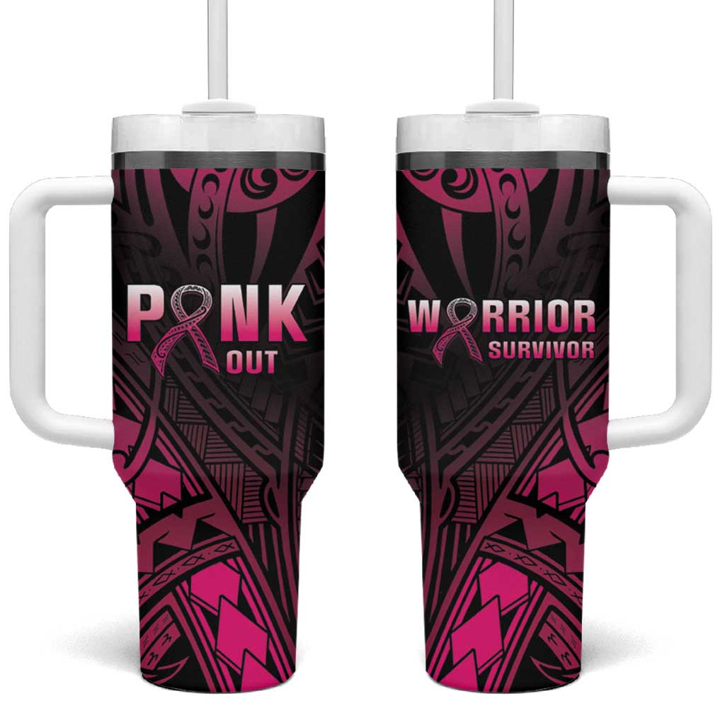 Breast Cancer Pink Out Tumbler With Handle Polynesian Art Tattoo Black Version