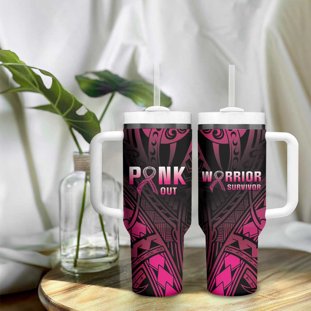 Breast Cancer Pink Out Tumbler With Handle Polynesian Art Tattoo Black Version