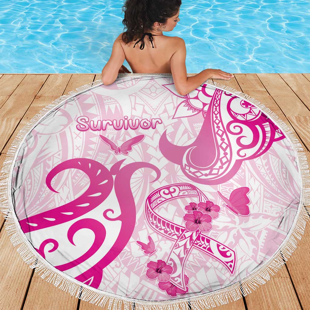 Breast Cancer Awareness Beach Blanket Ribbon Polynesian Pattern White Version LT05 - Polynesian Pride