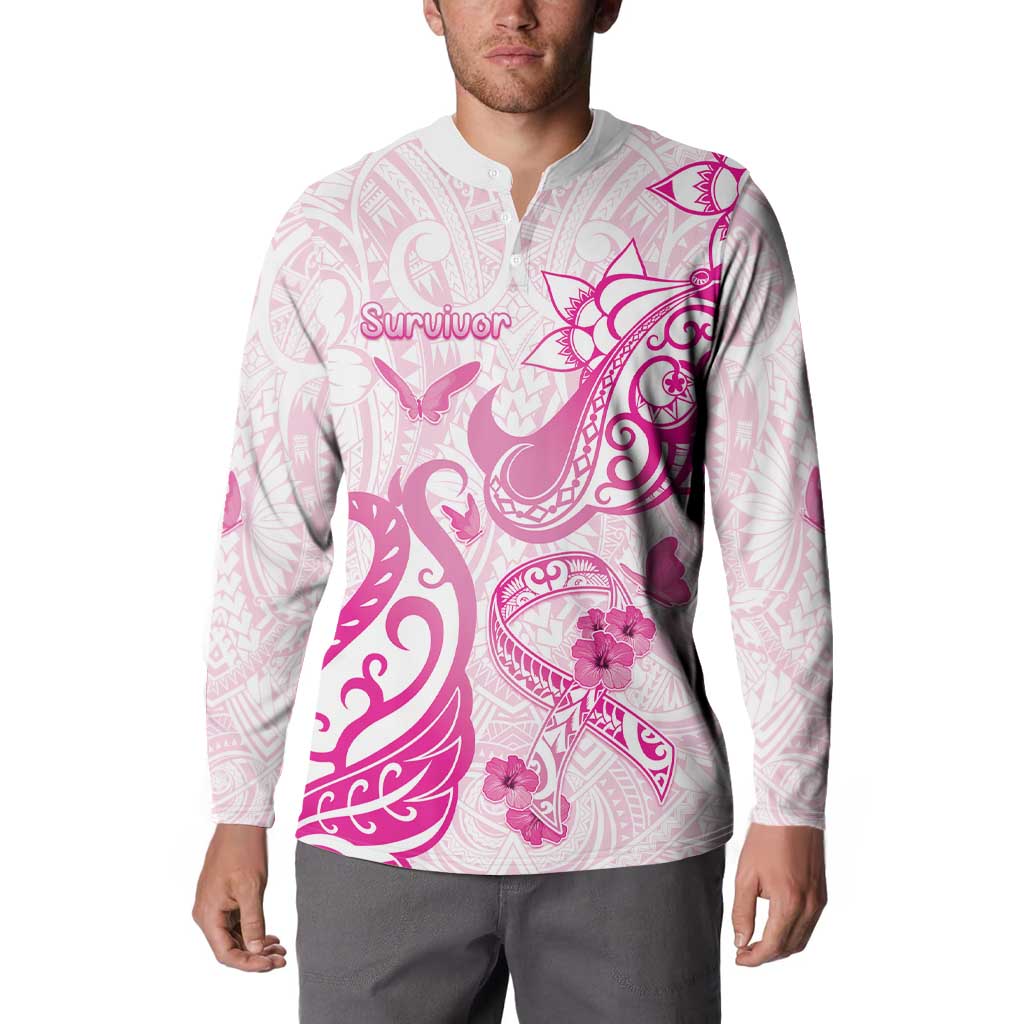 Personalised Breast Cancer Awareness Button Sweatshirt Ribbon Polynesian Pattern White Version LT05 - Polynesian Pride
