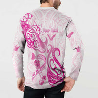 Personalised Breast Cancer Awareness Button Sweatshirt Ribbon Polynesian Pattern White Version LT05 - Polynesian Pride