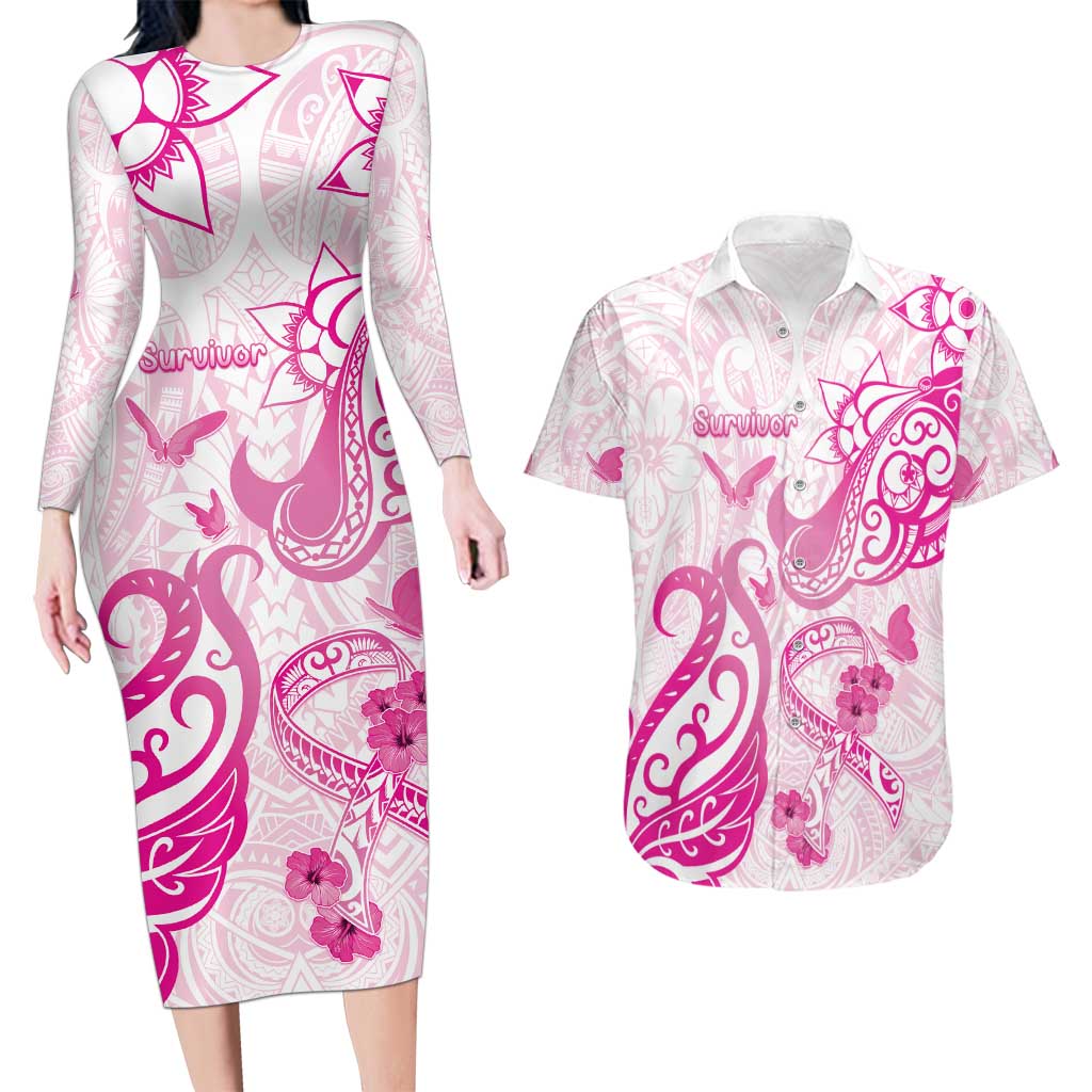 Personalised Breast Cancer Awareness Couples Matching Long Sleeve Bodycon Dress and Hawaiian Shirt Ribbon Polynesian Pattern White Version LT05 White - Polynesian Pride