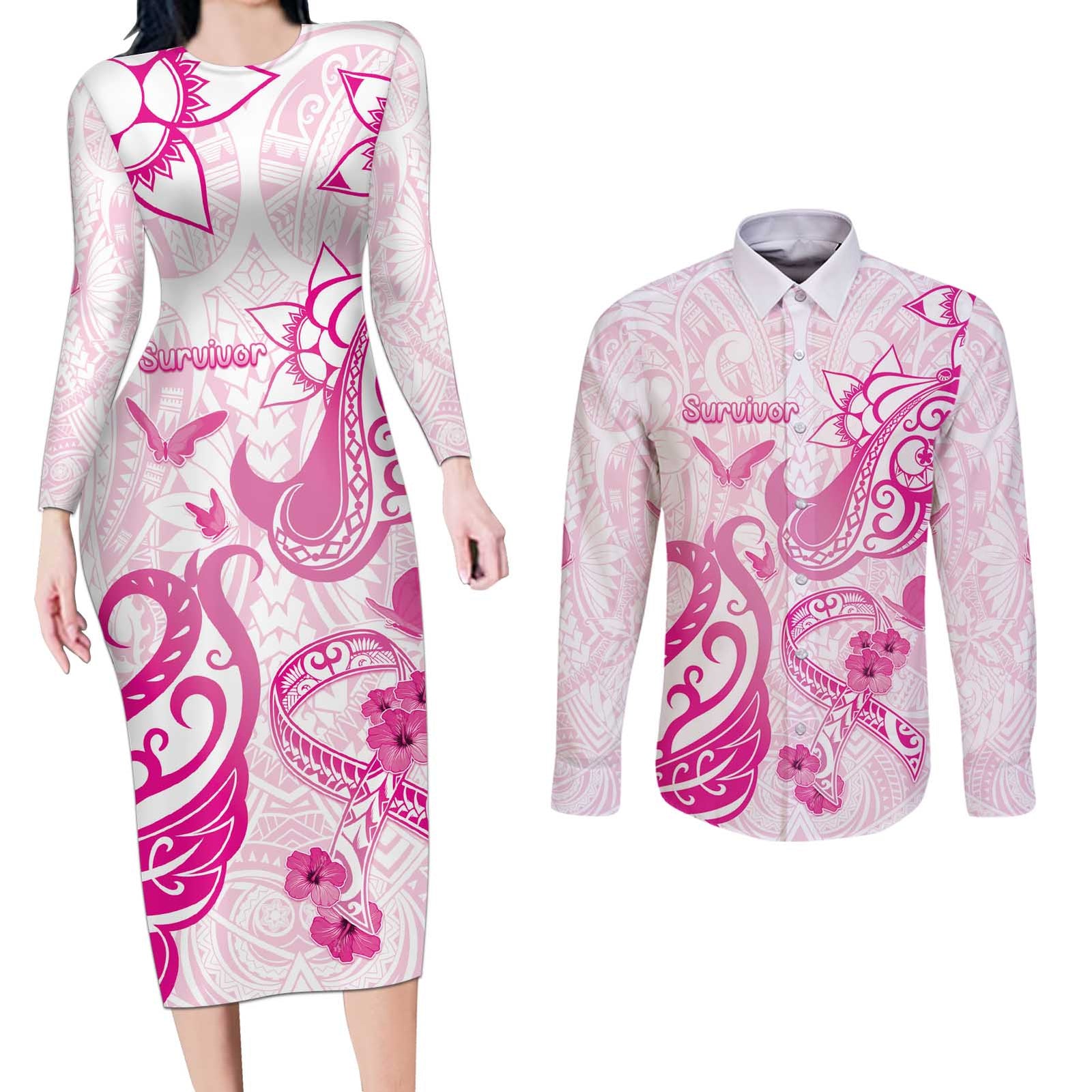 Personalised Breast Cancer Awareness Couples Matching Long Sleeve Bodycon Dress and Long Sleeve Button Shirt Ribbon Polynesian Pattern White Version LT05 White - Polynesian Pride