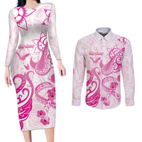Personalised Breast Cancer Awareness Couples Matching Long Sleeve Bodycon Dress and Long Sleeve Button Shirt Ribbon Polynesian Pattern White Version LT05 White - Polynesian Pride